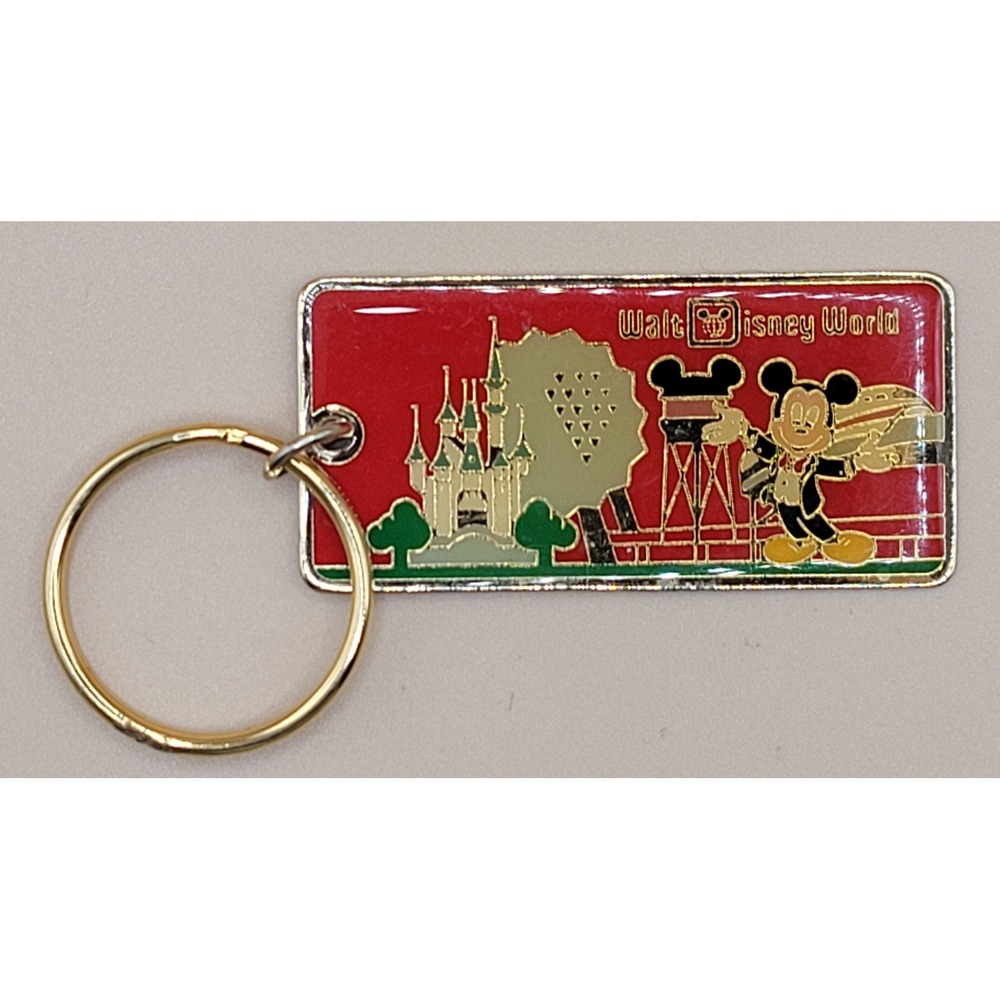 Vintage Walt Disney World Keychain Mickey Mouse Castle Epcot Monorail Red Enamel